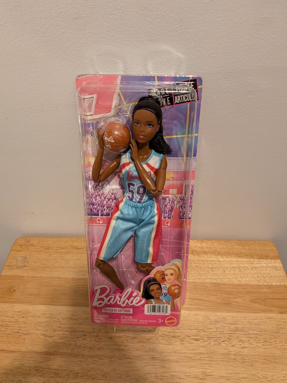 Barbie Sports Doll in Blue, Red & White Jersey with Brown Basketball